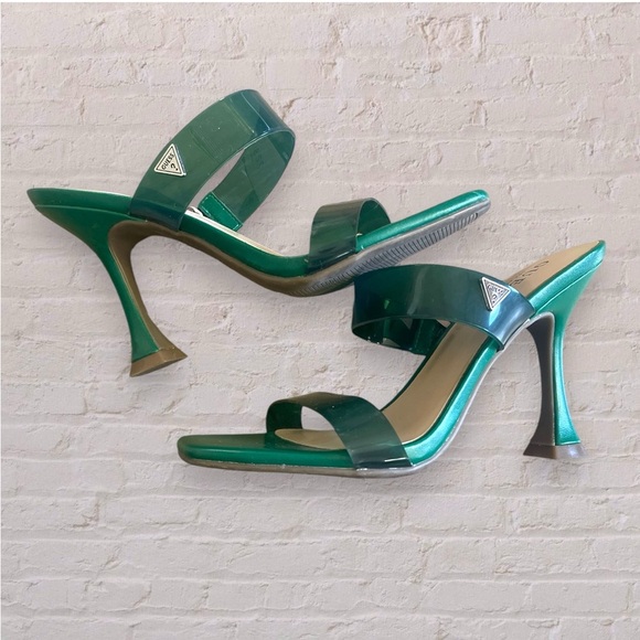 Guess Open Toe Hunter Green Clear High Heel Slip On Sandals Size 7 - Picture 2 of 6